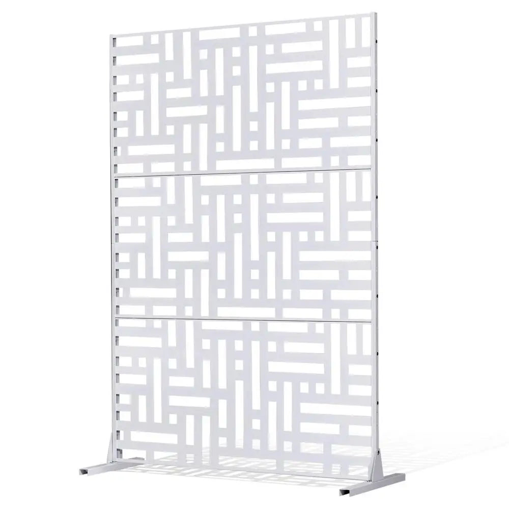 Paravent Extérieur Métal Blanc Motif Géométrique Autoportant 120 x 193 cm
