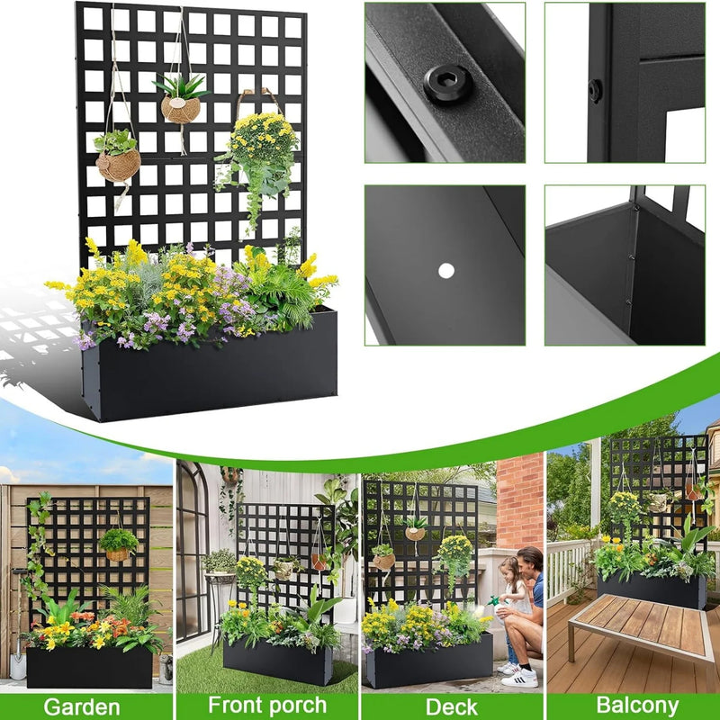 Paravent extérieur métal grille carrée bac surélevé noir, pour décorer un extérieur