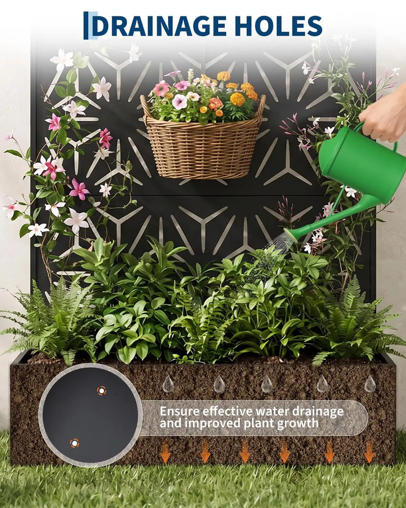 Paravent extérieur jardinière acier noir 4 motifs ajourés, pour une terrasse