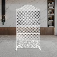 Paravent blanc acier treillis arqué frise florale autoportant, pour un coin bureau