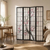 Paravent japonais fleurs de cerisier 4 panneaux cadre noir, pour séparer une pièce
