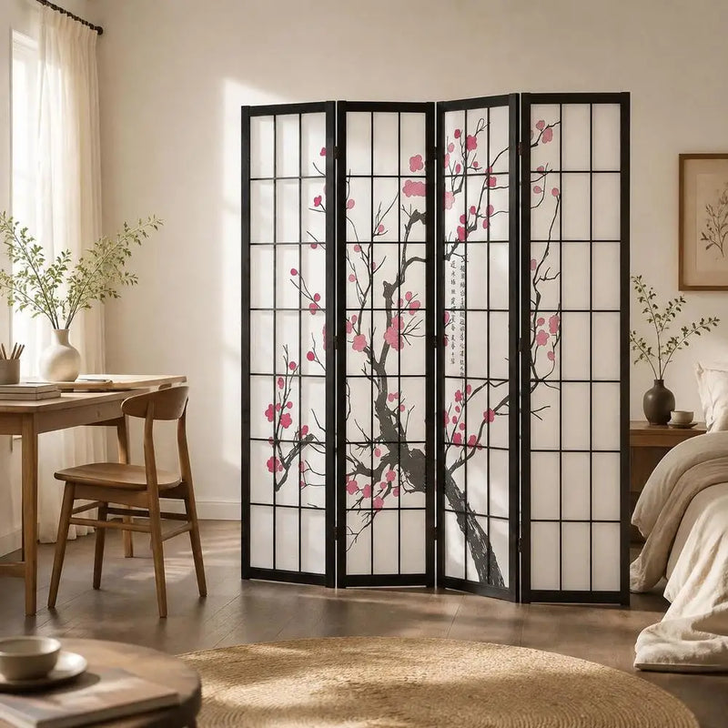 Paravent japonais fleurs de cerisier 4 panneaux cadre noir, pour séparer une pièce