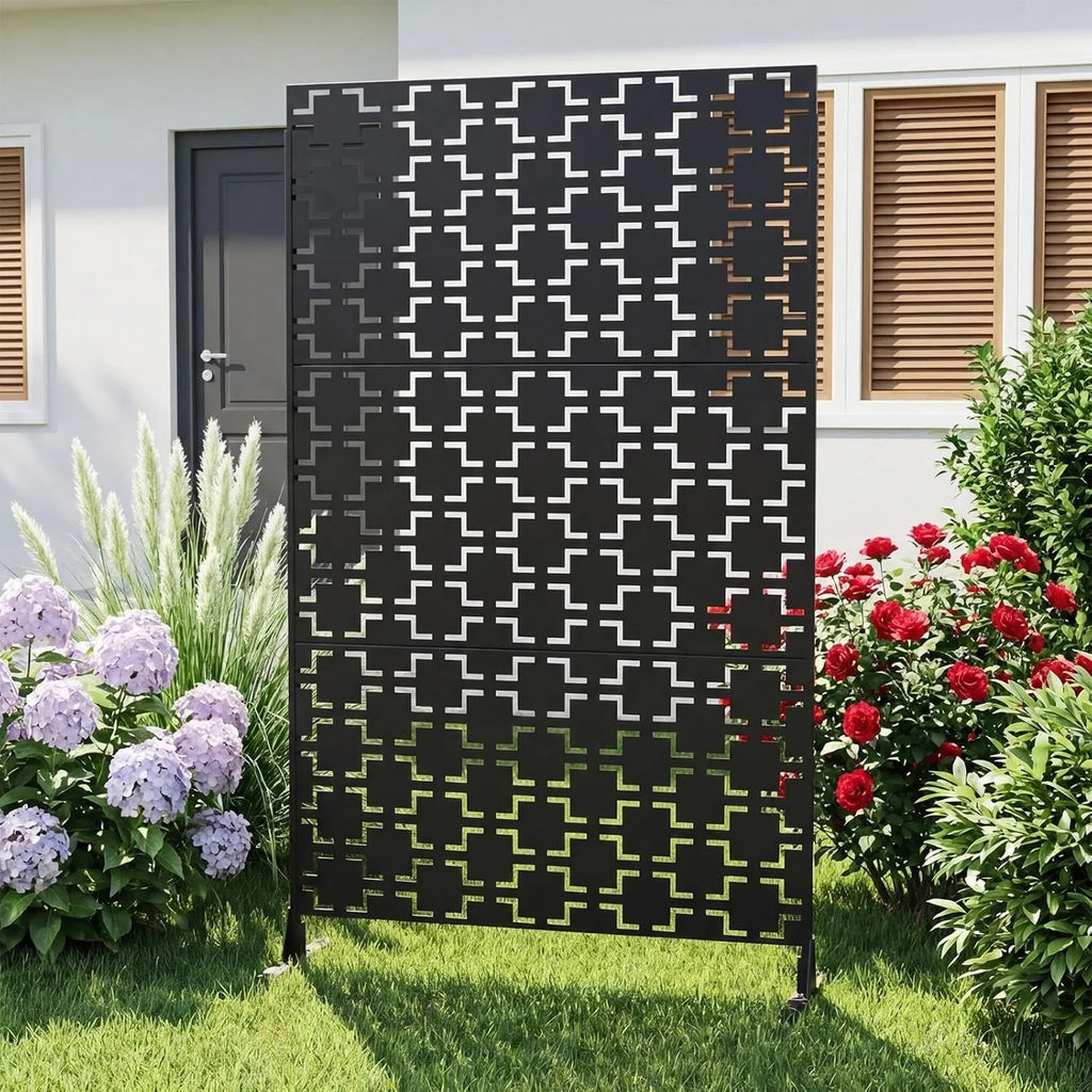 Paravent Extérieur Métal Noir Motif Géométrique Autoportant 122 x 198 cm