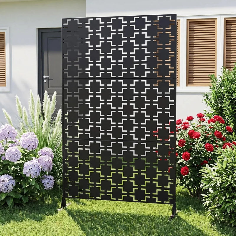 Paravent Extérieur Métal Noir Motif Géométrique Autoportant 122 x 198 cm