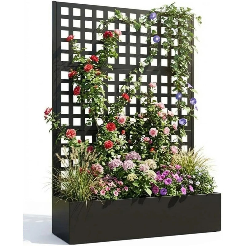 Paravent extérieur jardinière treillis carreaux métal noir, coloris noir anthracite