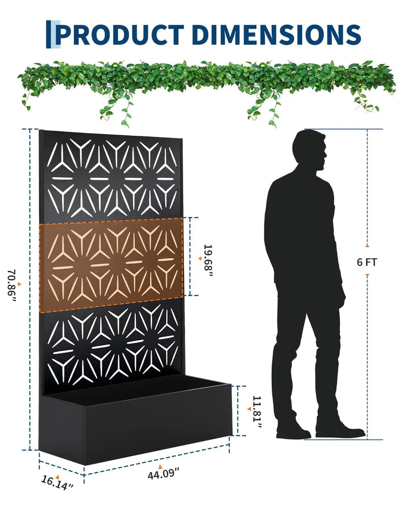Paravent extérieur jardinière acier noir 4 motifs ajourés, pour préserver son intimité dehors