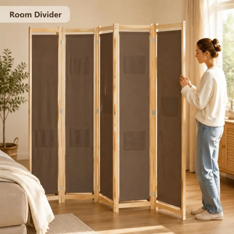 Paravent 6 panneaux bois et tissu marron