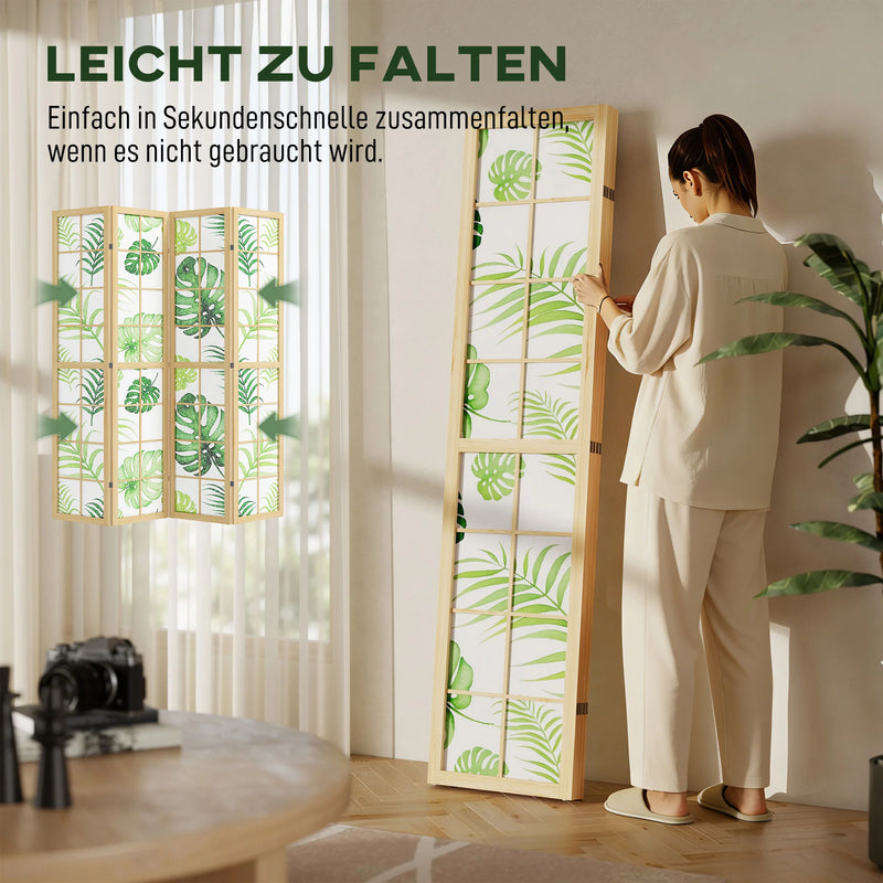Paravent 4 Panneaux Imprimé Palmiers Tropicaux Cadre Bois de Pin 160 x 170 cm