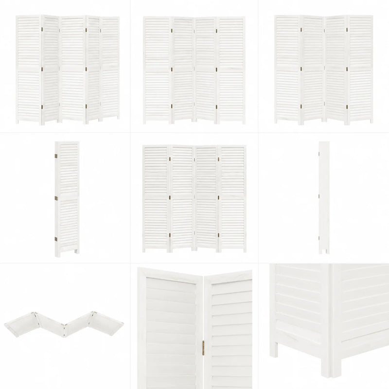 Paravent 5 panneaux persiennes bois de paulownia massif blanc autoportant, pour un coin bureau