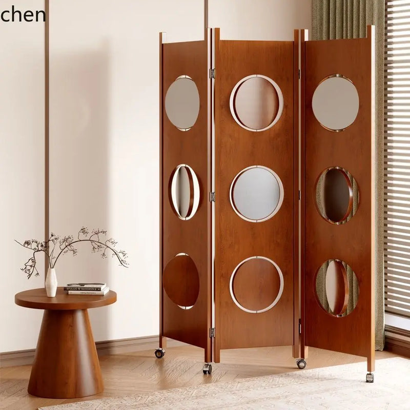 Paravent 3 Panneaux Disques Pivotants sur Roulettes Bois 129 x 185 cm