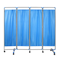 Paravent Médical 4 Panneaux Métal Rideaux PVC Bleus sur Roulettes