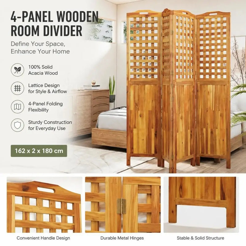 Paravent 4 Panneaux Acacia Massif Treillis Naturel 162 x 180 cm