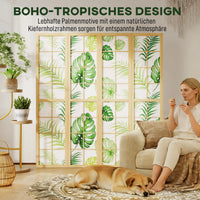 Paravent 4 Panneaux Imprimé Palmiers Tropicaux Cadre Bois de Pin 160 x 170 cm
