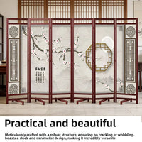 Paravent chinois 6 panneaux bois imprimé motifs asiatiques, dimensions 270 x 180 cm