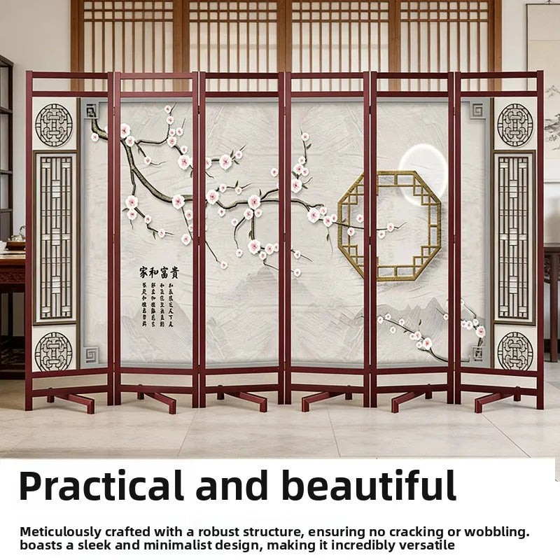 Paravent chinois 6 panneaux bois imprimé motifs asiatiques, dimensions 270 x 180 cm
