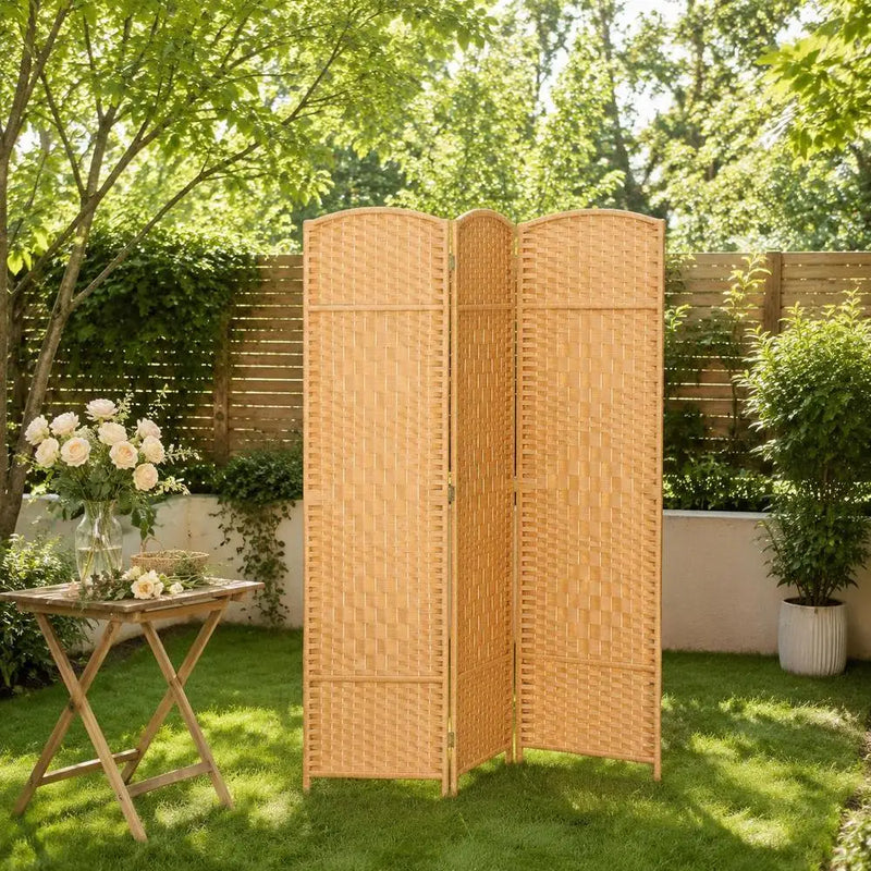 Paravent 3 Panneaux Tressé Cadre Bois de Pin Marron Clair 135 x 180 cm