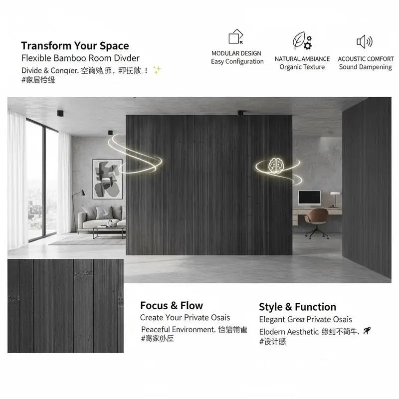Paravent bambou gris anthracite enroulable, pour une chambre