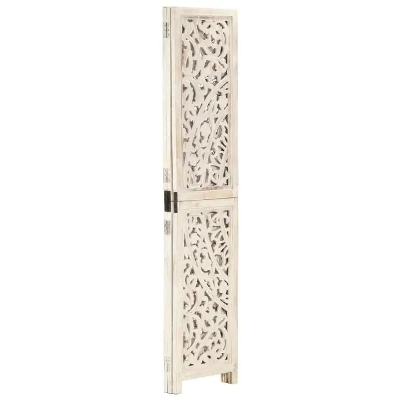 Paravent 3 Panneaux Bois de Manguier Sculpté Blanc 120 x 165 cm
