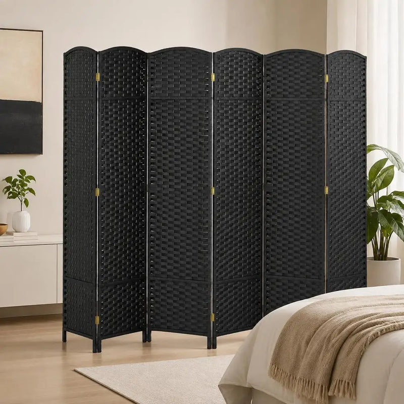 Paravent 6 Panneaux Tressé Polypropylène Noir Cadre Bois de Pin 240 x 170 cm