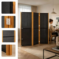 Paravent 3 panneaux textilène noir cadre bois, pour séparer une pièce