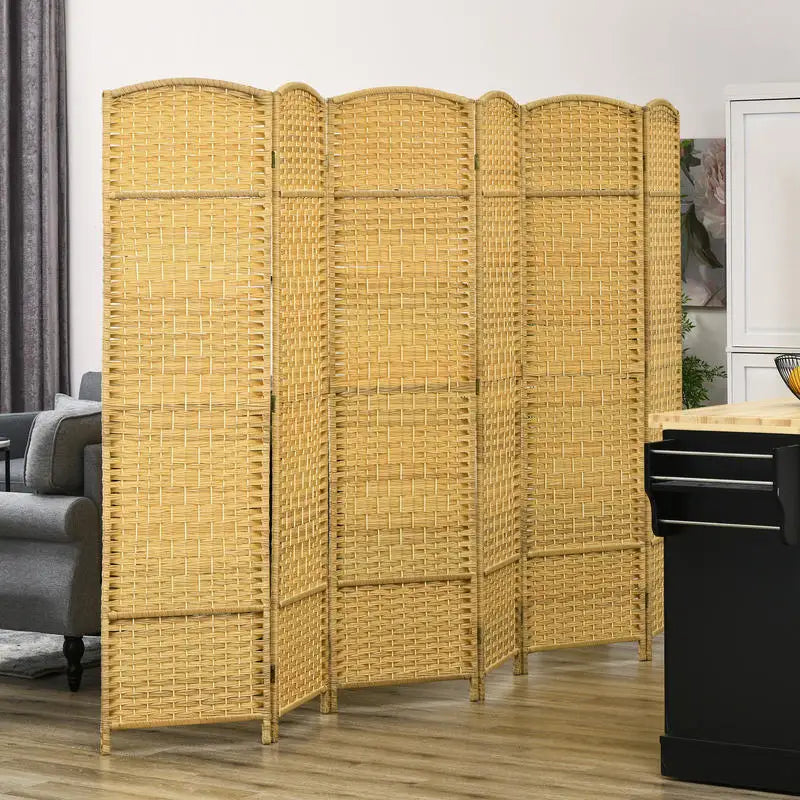 Paravent 6 Panneaux Tressé Polypropylène Cadre Bois Naturel 270 x 180 cm