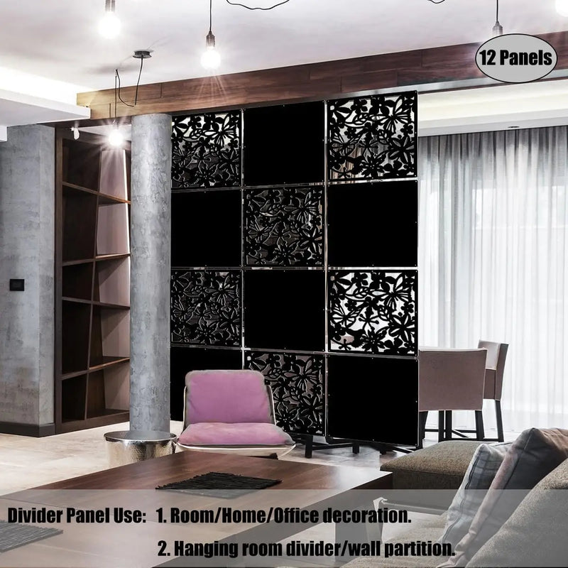 Cloison amovible 12 panneaux PVC suspendus blanc noir, pour un salon