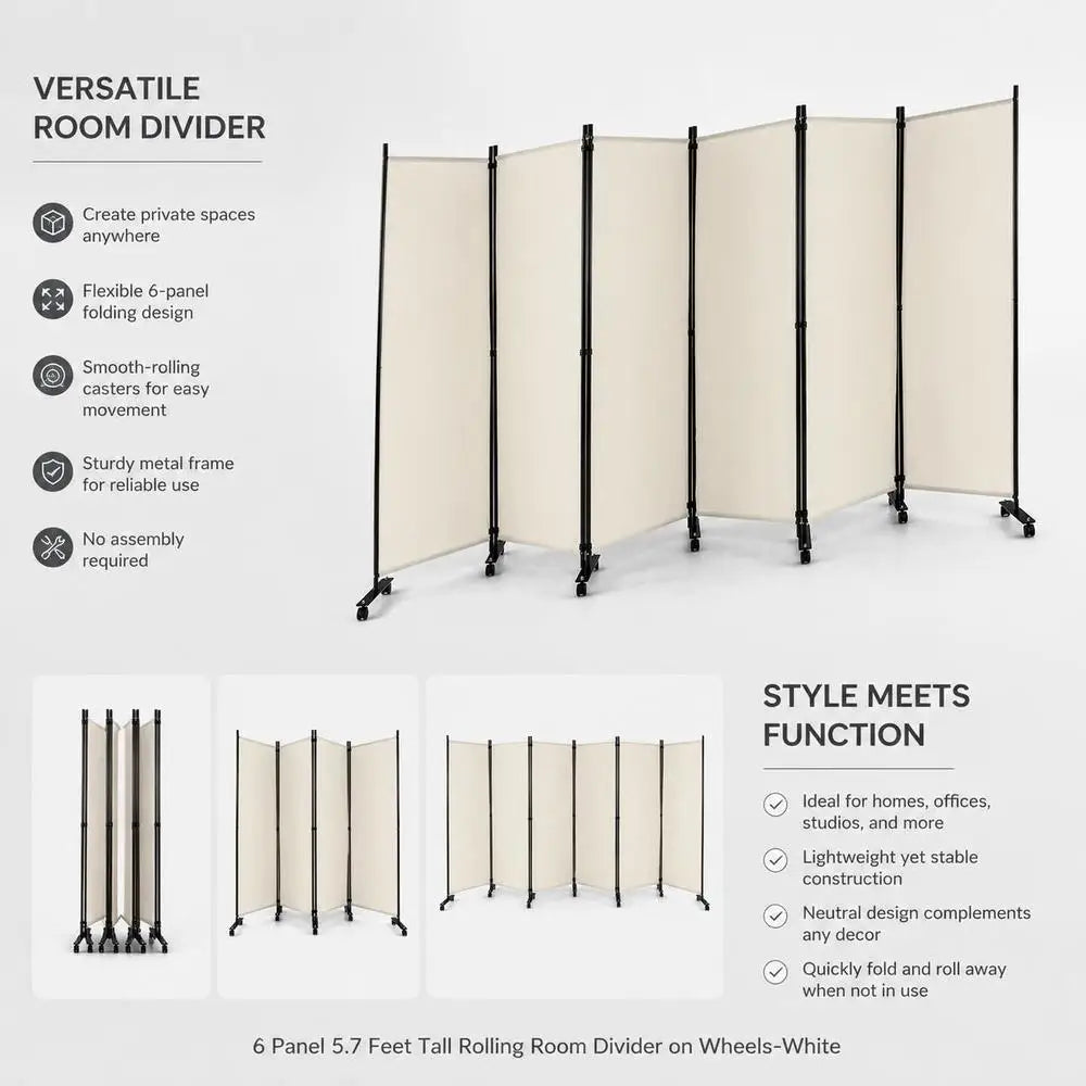 Paravent 6 Panneaux sur Roulettes Tissu Beige 335 x 173 cm