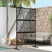 Paravent extérieur métal noir 3 sections feuilles filigranées, pour un jardin