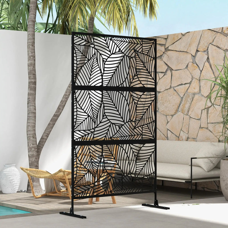 Paravent extérieur métal noir 3 sections feuilles filigranées, pour un jardin