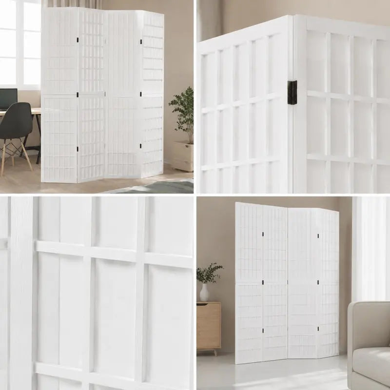 Paravent 4 panneaux treillis blanc bois de paulownia, pour une chambre