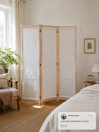 Paravent 3 Panneaux Bois et Tissu Crème 120 x 170 cm
