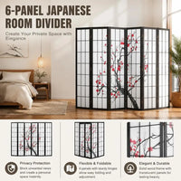 Paravent Japonais 6 Panneaux Fleurs de Cerisier Bois Noir 242 x 170 cm