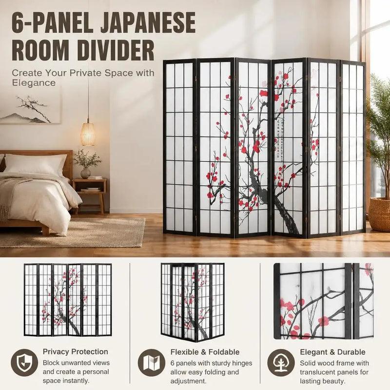 Paravent Japonais 6 Panneaux Fleurs de Cerisier Bois Noir 242 x 170 cm