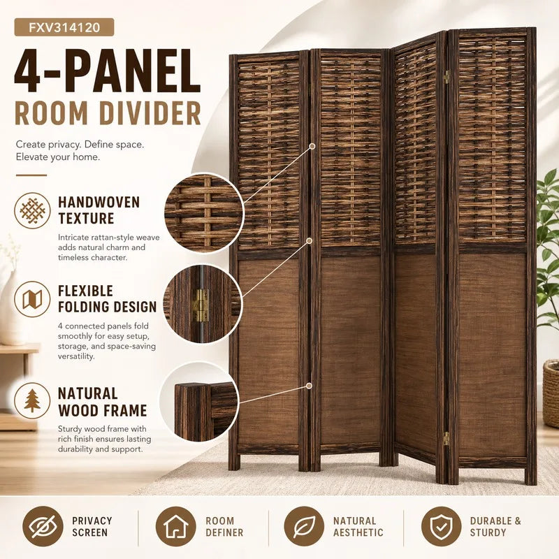 Paravent 5 Panneaux Bois Tressé Brun Foncé 180 cm