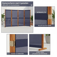Paravent 4 Panneaux Acacia et Textilène Bleu Foncé 280 x 180 cm