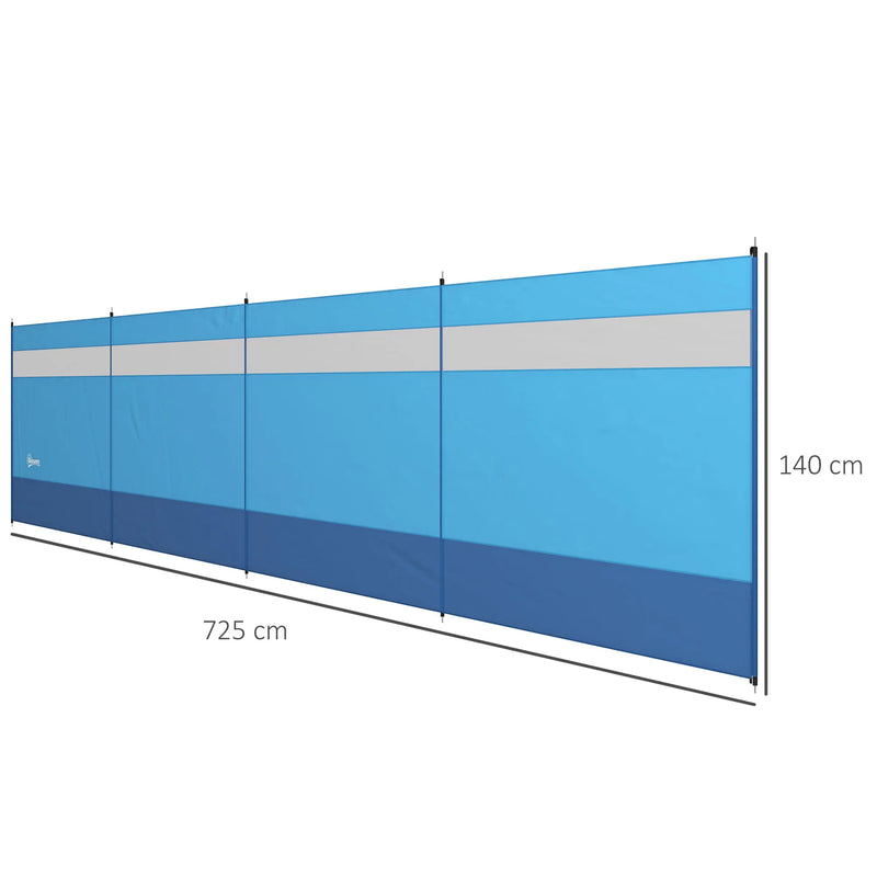 Paravent de plage 4 panneaux bleu avec fenêtre, dimensions 725 x 140 cm