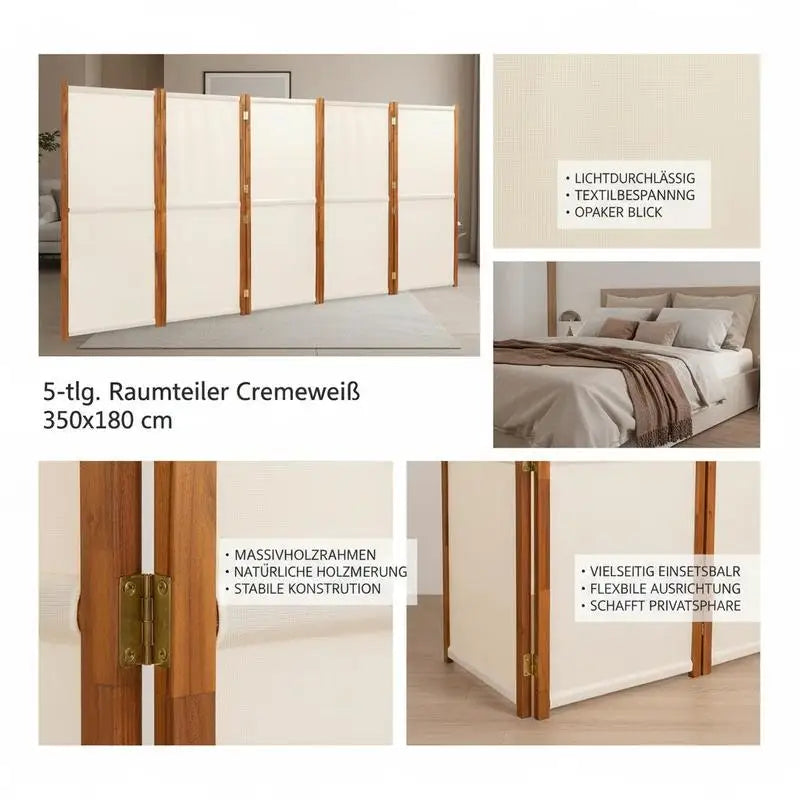 Paravent 5 Panneaux Bois d'Acacia Textilène Crème 350 x 180 cm