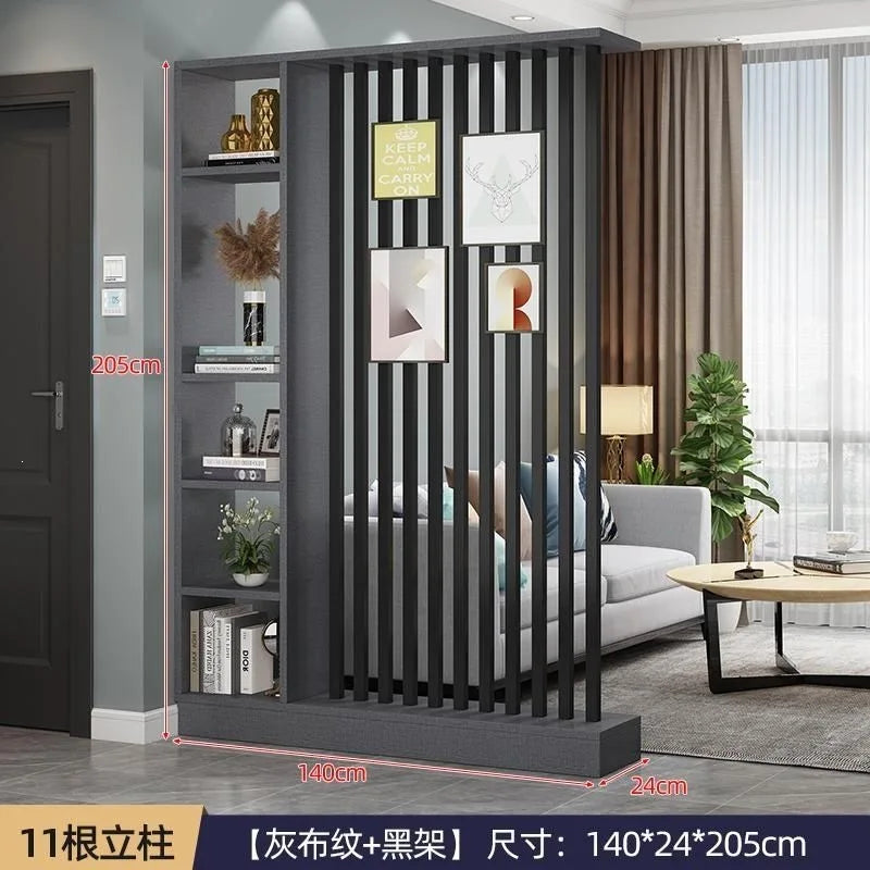 Étagère séparatrice de pièce à lames verticales blanc noir gris, dimensions structure grise, 11 lames noires, largeur 140 cm