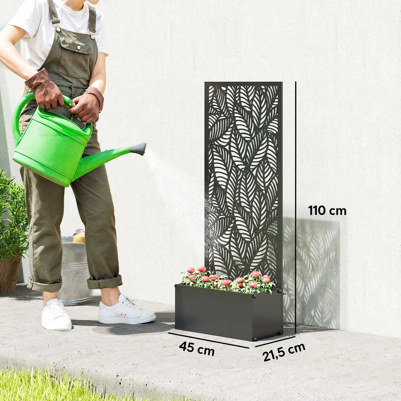 Jardinière métal avec treillis motif feuilles anthracite, pour un balcon