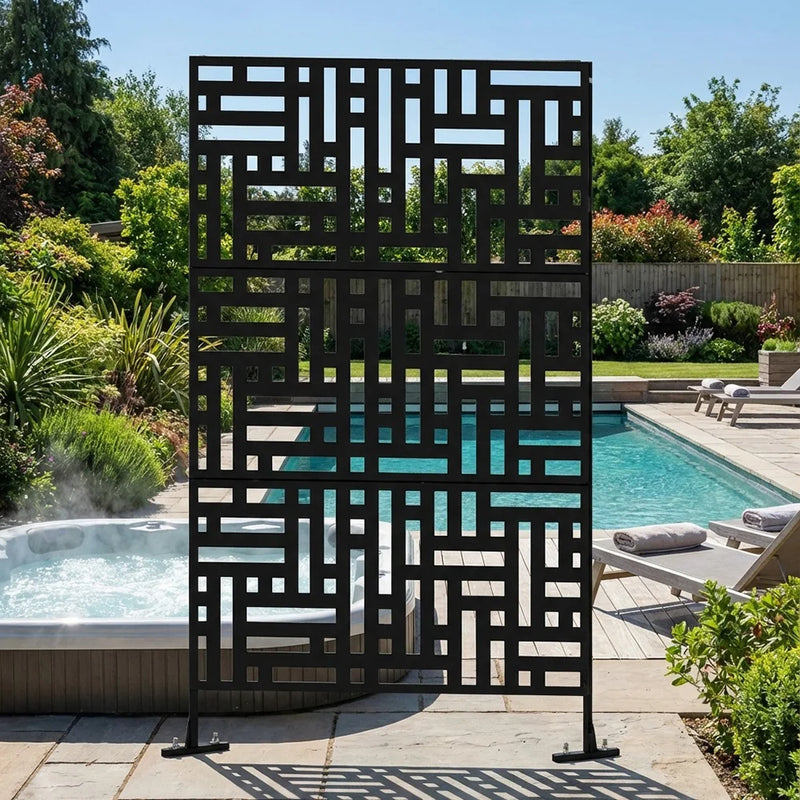 Paravent Extérieur Métal Noir 6 Motifs Autoportant 122 x 198 cm