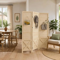 Paravent 3 Panneaux Perforés Bois Naturel 114 x 144,5 cm