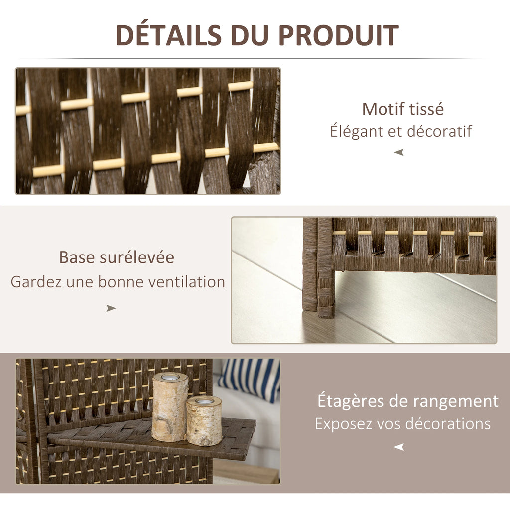 Paravent 4 Panneaux avec Étagères Fibres de Papier Marron 181 x 180 cm