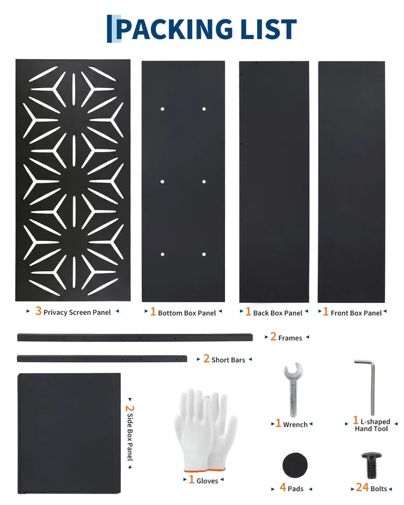 Paravent extérieur jardinière acier noir 4 motifs ajourés, pour décorer un extérieur