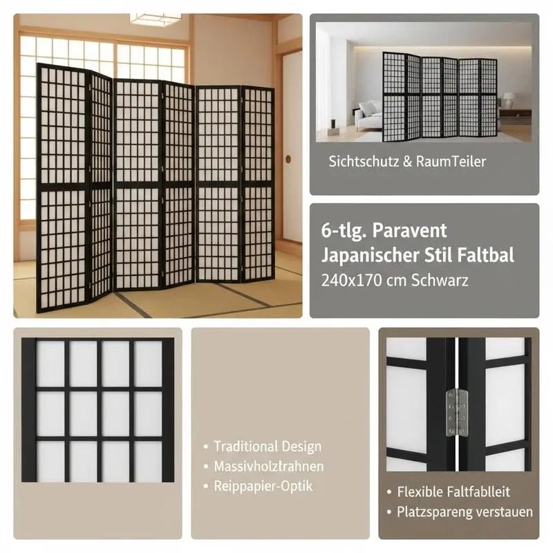 Paravent Japonais 6 Panneaux Shoji Sapin Massif Noir 240 x 170 cm