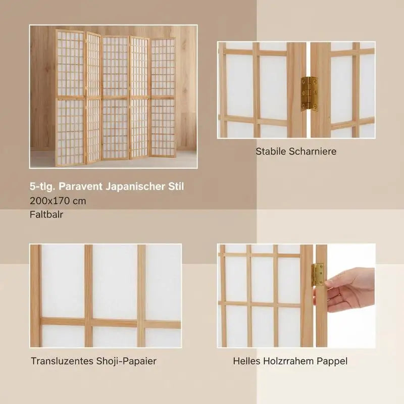 Paravent japonais shoji 5 panneaux bois clair papier de riz, pour un coin bureau