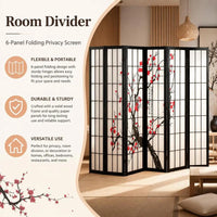 Paravent Japonais 6 Panneaux Fleurs de Cerisier Bois Noir 242 x 170 cm