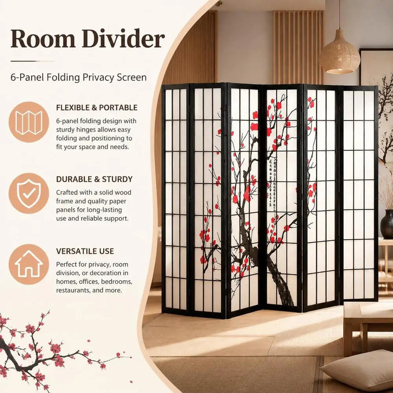 Paravent Japonais 6 Panneaux Fleurs de Cerisier Bois Noir 242 x 170 cm