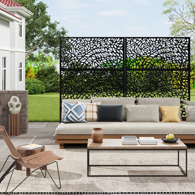 Paravent extérieur métal noir mat feuilles ou mosaïque, pour un jardin