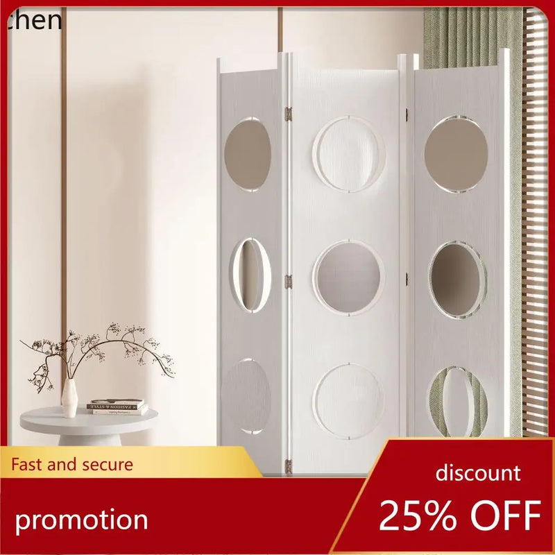 Paravent 3 Panneaux Disques Pivotants sur Roulettes Bois 129 x 185 cm