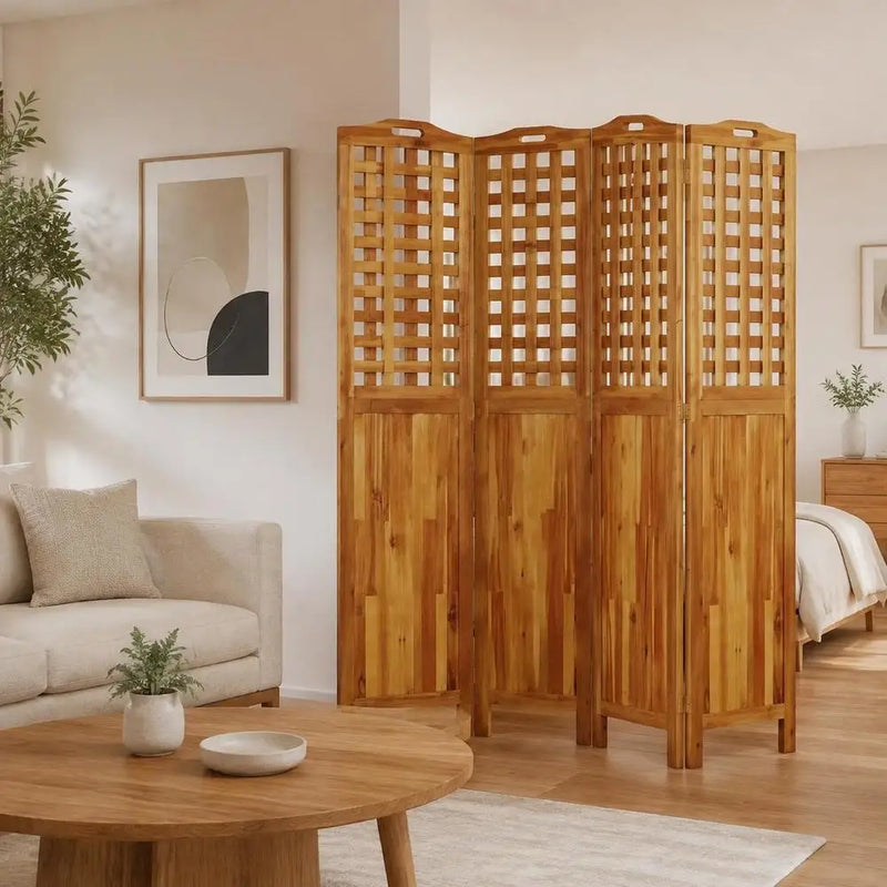 Paravent 4 Panneaux Acacia Massif Treillis Naturel 162 x 180 cm